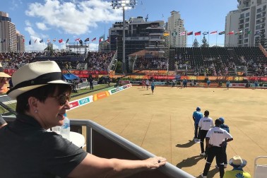 Dame Patsy attends a bowls match at the Gold Coast Commonwealth Games