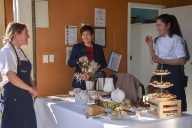 Dame Patsy Reddy, Sir David Gascoigne, Momo Martin and Michelle Hartley have afternoon tea