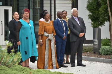 HE Mrs Dorothy Hyuha, High Commissioner of the Republic of Uganda, escorted by Government House Kaumatua, Joe Harawira and Kuia Puawahine Tibble