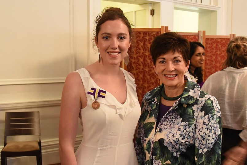Image of Dame Patsy with Leah Bell, who is wearing her Great Aunt's Suffrage Medal
