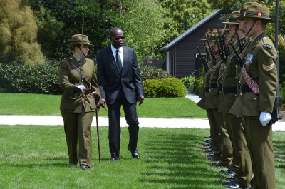 HE Mr Andre Nzapayeke, The Ambassador of the Central African Republic inspecting the Honour Guard.