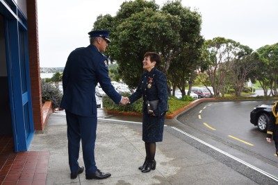 The Governor-General, The Rt Hon Dame Patsy Reddy is greeted by Police Commissioner, Mr Mike Bush on her arrival.