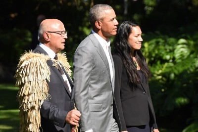 Image of Barack Obama with kaumatua Prof Piri Sciascia  and kuia Te Amohaere Morehu