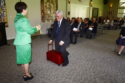 Image of Sir Bryan Williams, of Auckland, being knighted for services to rugby