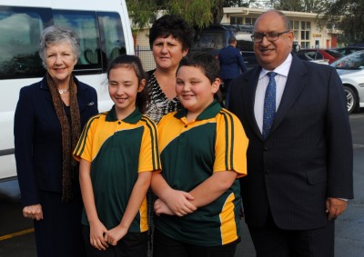 Kaikohe East School Principal Chicky Rudkin and students Marina Little and Piripi Gordon pictured with Sir Anand and Lady Susan.