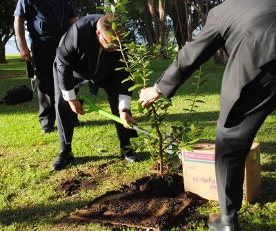 Sir Anand plants a Pohutukawa Tree on the Waitangi Treaty Grounds - a Governor-General tradition.