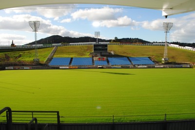 Looking out across the field at the Northland Events Centre/Toll Stadium.