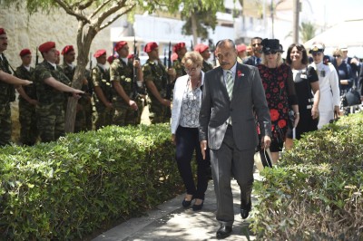 The Governor-General, Lt Gen The Rt Hon Sir Jerry Mateparae and Lady Janine arrive at the Australian Commemorative Service at Rethymno.