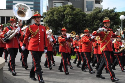 The New Zealand Army Band march onto the forecourt.